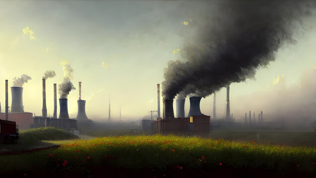 a dark industrial nuclear power plant with smoke and fire from the chimney and smog  - oil painting - concept art - digital painting