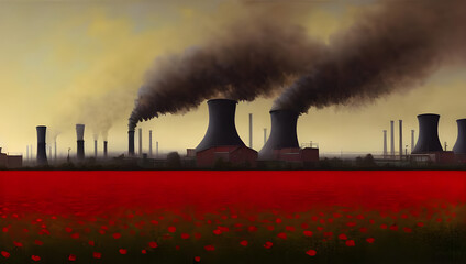 a dark industrial nuclear power plant with smoke and fire from the chimney and smog and red roses on a field - oil painting - concept art - digital painting