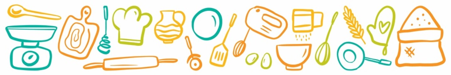 Horizontal illustration with kitchen and confectionery accessories