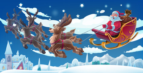 santa claus on sleigh with reindeer christmas village - 539023818