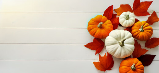 Halloween Pumpkin with autmn decoration leaves down view on white floor