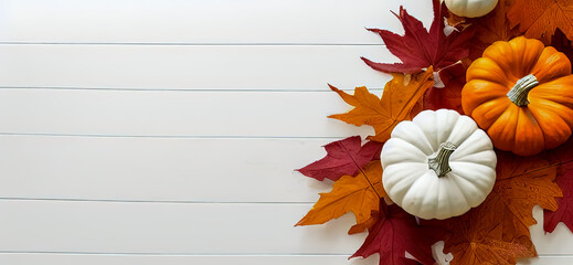 Halloween Pumpkin with autmn decoration leaves down view on white floor