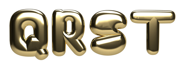 Isolated Alphabets QRST in Gold Color on White Background. 3D illustration.