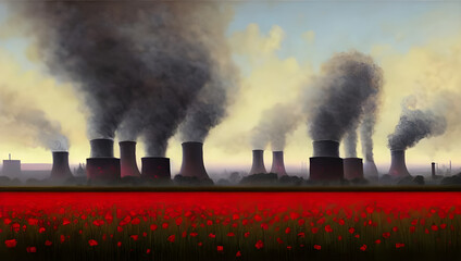 Fototapeta na wymiar a dark industrial nuclear power plant with smoke and fire from the chimney and smog and red roses on a field - oil painting - concept art - digital painting