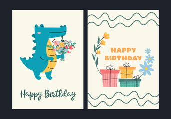A set of birthday cards. Postcard with a cute crocodile and flowers.	