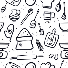 Vector pattern of kitchen utensils and baking dishes, hand-drawn in the style of a doodle.