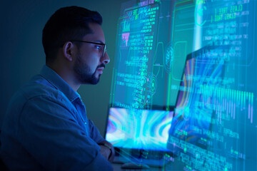 Portrait of Software Developer / Hacker Wearing Glasses Sitting at His Desk and Working on Futuristic Transparent Computer in Digital Identity Cyber Security Data Center. Hacking or Programming