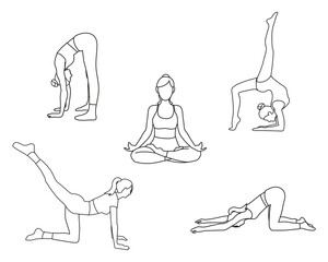 Five different yoga pilates positions poses in line art on white background