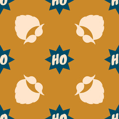 Christmas vector pattern. Seamless background with a beard, mustache, and text Ho Ho Ho in stars. Cream and blue elements on gold color. Design for poster backdrop, gift wrappers, textiles, fabrics.