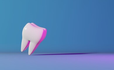 White healthy molar tooth 3D rendering banner neon light blue background. Enamel whitening toothpaste tartar removal National Dentist Day Wisdom teeth extraction. Oral care Dental Insurance Clinic