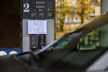 A sign at a gas station says No Fuel. No gasoline at the gas station due to the economic crisis.