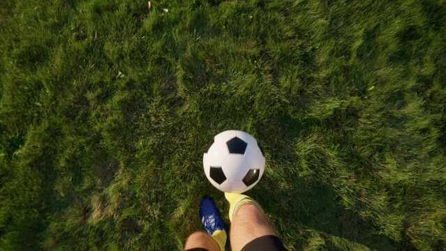 POV From Player’s Perspective  Kicks Ball With His Feet. Football Player At Practice Doing Tricks With  Ball. Soccer World Cup