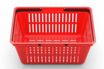 Plastic basket from supermarket for online shopping on white background.