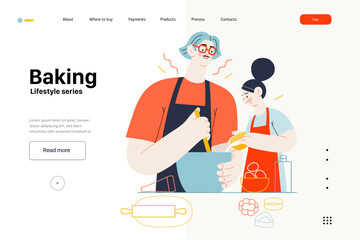 Lifestyle web template -Baking -modern flat vector illustration of a man and a girl wearing aprons making dough baking cookies. The girl is pouring some milk into mixture. People activities concept