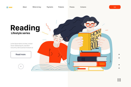 Lifestyle web template - Reading - modern flat vector illustration of a man and a woman reading the books. People activities concept