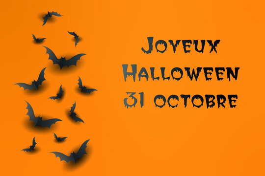 carte ou bandeau pour un joyeuse fête d'halloween le 31 octobre en noir sur un fond orange avec des chauves souris noires