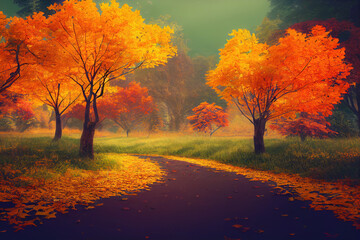 Beautiful autumn park with golden trees and a wavy path