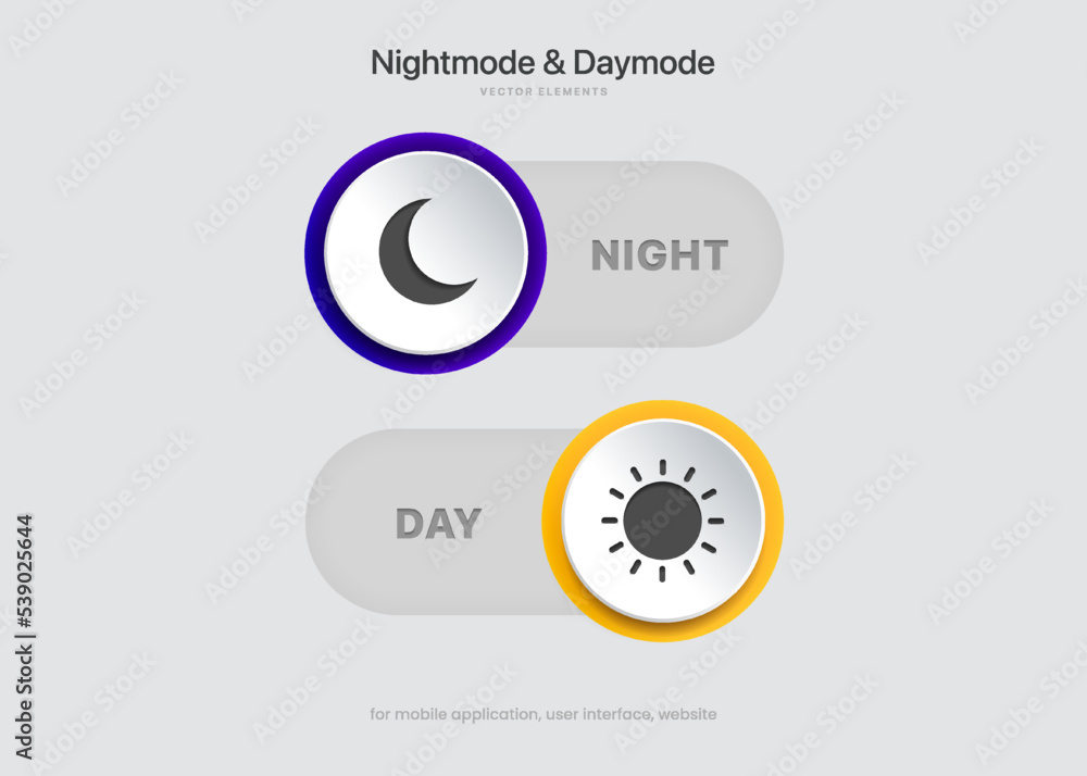 Aufkleber On and off toggle switch buttons. Light and Dark mode buttons. Day and night mode switch buttons for mobile app, web design, animation.