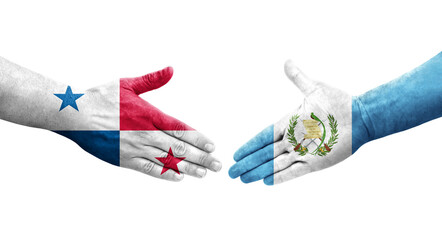 Handshake between Guatemala and Panama flags painted on hands, isolated transparent image.