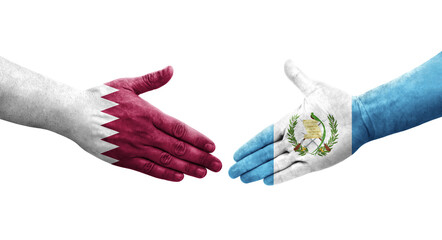 Handshake between Guatemala and Qatar flags painted on hands, isolated transparent image.