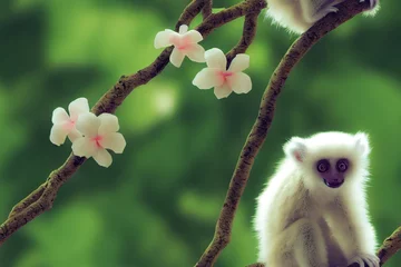 Nahtloses Gemüsemuster mit Lemuren. Süßer weißer Lemur, der auf einem Ast im tropischen Wald sitzt. Design von Stoffen, Papier, Tapeten und Notizbuchhüllen. Tierwelt. 3D-Rendering © Viks_jin
