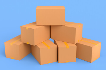 Cardboard box or carton on blue background, carrying parcel and online shopping
