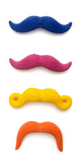 a set of multicolored plastic mustache on a white background
