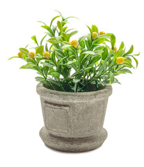 plastic yellow flowers in a gray pot on a white background