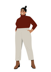 Person with big chubby figure. Happy smiling Asian girl in stylish pants and plus size blouse. Female character with obese and sexy body. Cartoon flat vector illustration isolated on white background