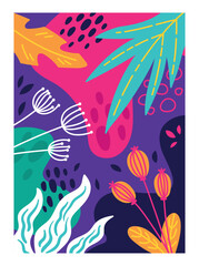 Bright poster with flowers. Graphic element for printing on fabric. Fashion, trend and style, elegance and aesthetics. Plants and flora, botany and environment. Cartoon flat vector illustration