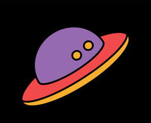 Psychedelic retro sticker. Dark groove poster with acid UFO or alien vehicle. Abstract funky icon. Design element for social networks. Cartoon flat vector illustration isolated on black background