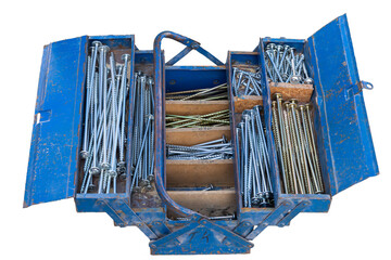 blaue Werkzeugkiste aus Metall mit Schrauben