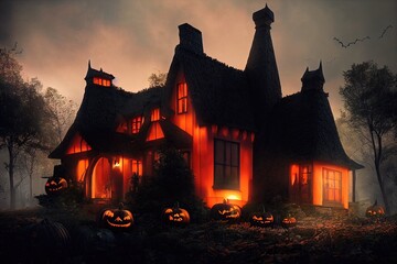 Fototapeta na wymiar Black and orange house with Halloween theme, 3d render