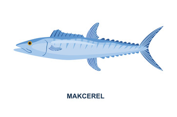 River or sea fish. Sticker with mackerel. Marine animal with striped body and fins. Edible seafood. Design element for online supermarket. Cartoon flat vector illustration isolated on white background
