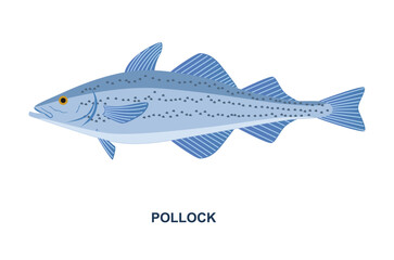 River or sea fish. Fishing and catching delicious seafood. Blue pollock with spots on scales. Design element for cafe or restaurant menu. Cartoon flat vector illustration isolated on white background