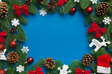 Christmas background with fir branches and Christmas decor. Top view, copy space for text