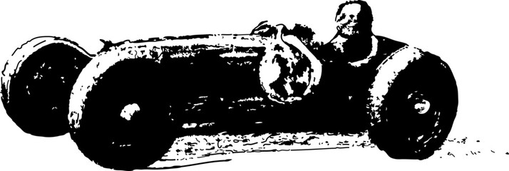 Hand drawn line art style of the 20 and 30s grand prix racing cars. Black and white, original art illustration of an open wheel race car stylized.