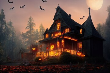 Obraz premium Black and orange house with Halloween theme, 3d render