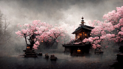 Antieke Japanse tempel met kersenbloesem. AI heeft een digitale kunstillustratie gemaakt