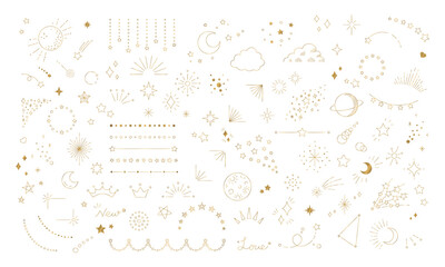 星のイラスト素材セット, 宇宙をテーマにしたデザイン用の装飾, 輝く星空, 白背景に金色の線画.
