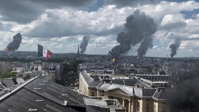 Paris city under attack with smoke and debris in the air
France capital in flames and smoke after attack, illustration, 2022
