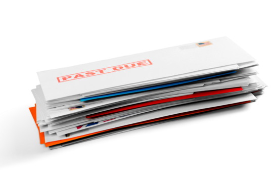 Pile of envelopes with overdue utility bills isolated on white