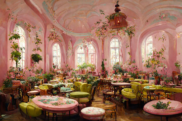 Baroque style tea room with tall domed ceiling and pink and green flowers all over it, tables and chairs. AI created a digital art illustration