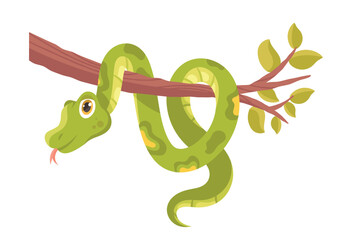 Cute snake on branch. Tropical and exotic animal in jungle or forest. Charming character on tree. Sticker for social networks and messengers. Wildlife and fauna. Cartoon flat vector illustration