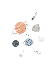 Space poster with hand drawn planets