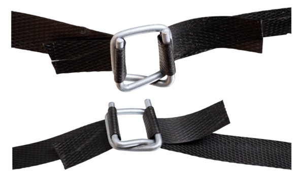 Metal clamp for plastic straps for packing goods on pallets. Isolated background.