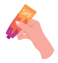 SPF cream in hand. Cosmetic product for spa treatments in summer season and comfortable rest on beach. Skin care, beauty and hygiene. Abstract packaging design. Cartoon flat vector illustration