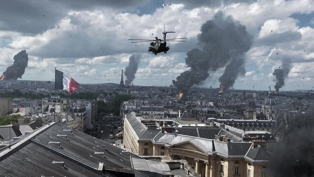 Army Helicopter flying over destroyed Paris city, aerial view
France capital in flames and smoke after attack, illustration, France flag
