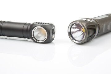 different lanterns flashlight on a white background. item for camping and household life.