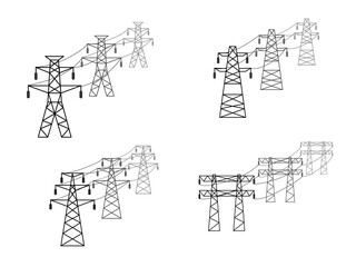 Supports of the high-voltage power grid. Vector illustration of utility electric transmission networks. Power lines isolated on white background.